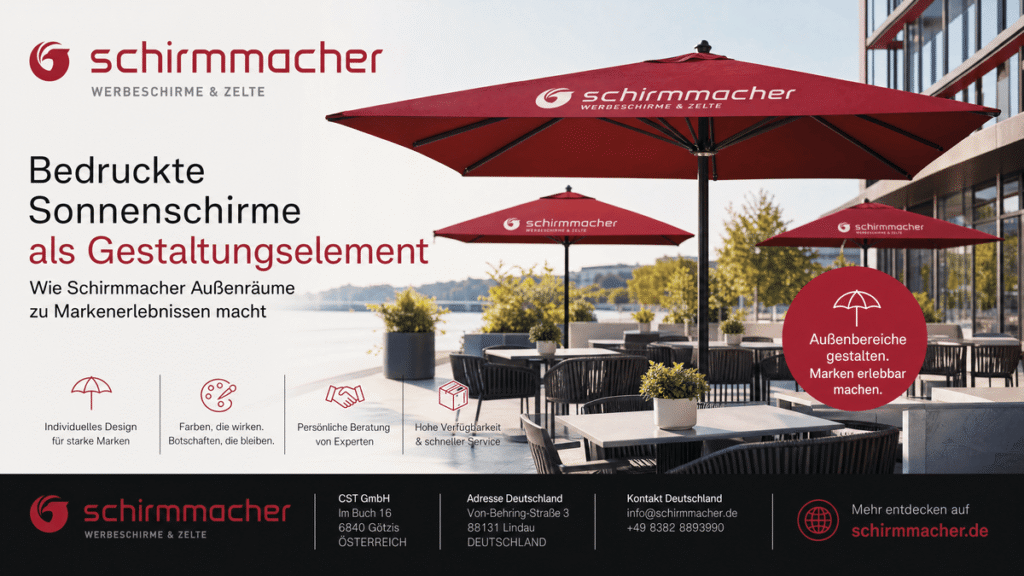 Bedruckte Sonnenschirme als Gestaltungselement: Wie Schirmmacher Außenräume zu Markenerlebnissen macht Bedruckte Sonnenschirme als Gestaltungselement: Wie Schirmmacher Außenräume zu Markenerlebnissen macht